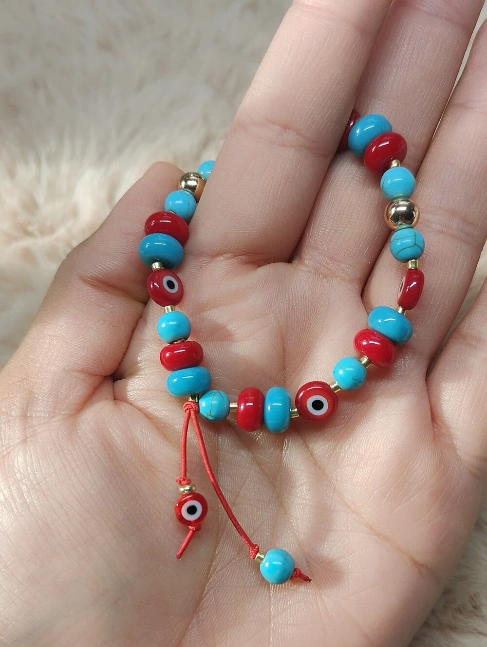 Red & Turquoise Beaded Bracelet with Evil Eye Charm
